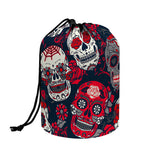 White Red Sugar Skull Pattern Print Drawstring Makeup Bag