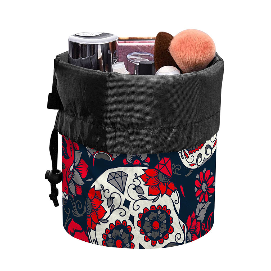 White Red Sugar Skull Pattern Print Drawstring Makeup Bag
