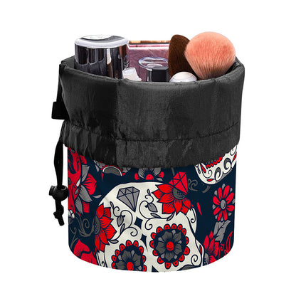 White Red Sugar Skull Pattern Print Drawstring Makeup Bag