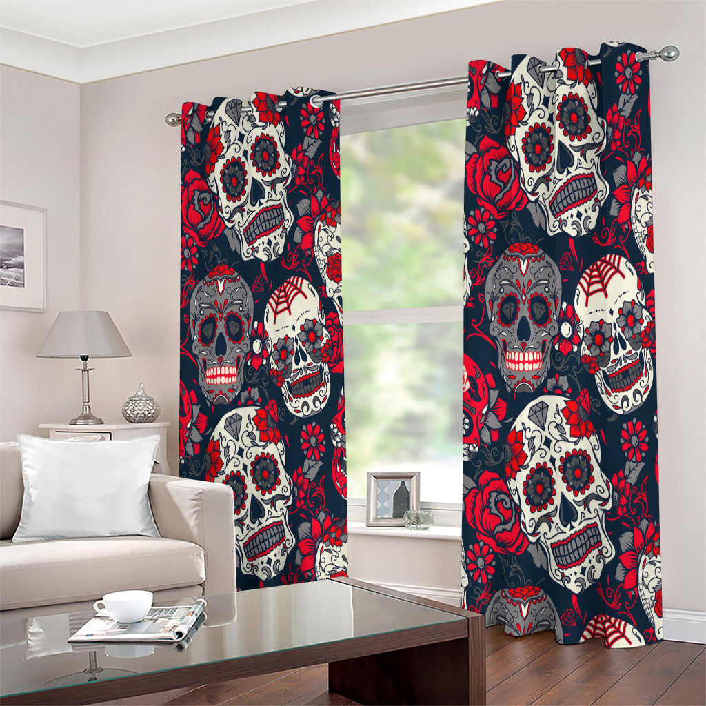 White Red Sugar Skull Pattern Print Extra Wide Grommet Curtains