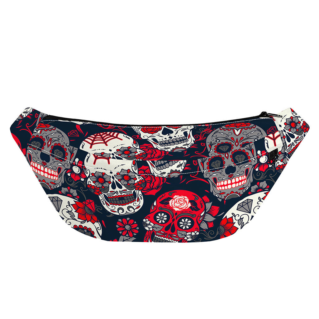 White Red Sugar Skull Pattern Print Fanny Pack