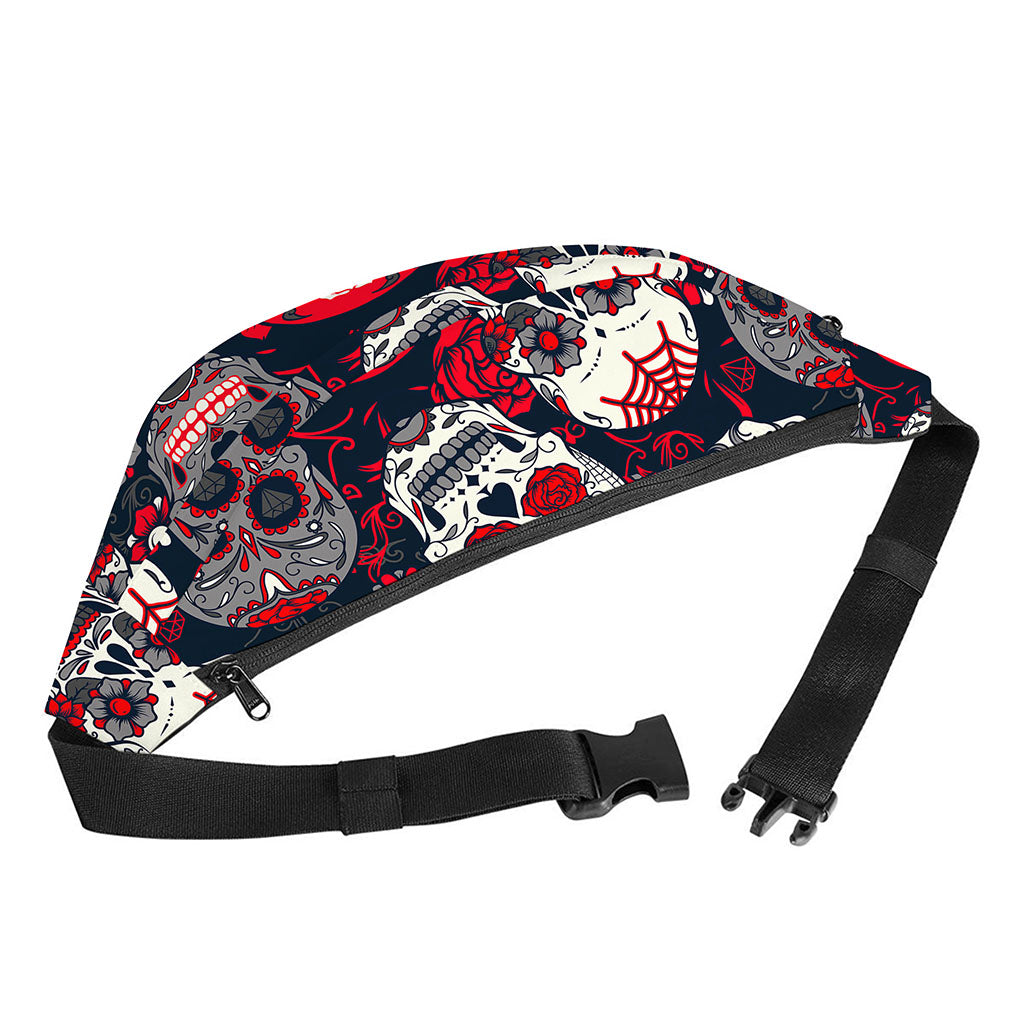 White Red Sugar Skull Pattern Print Fanny Pack