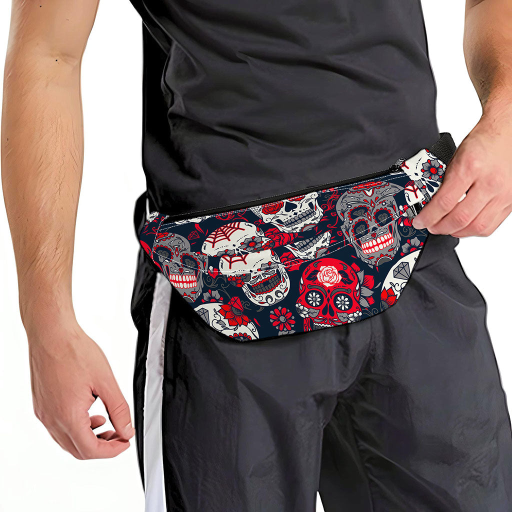 White Red Sugar Skull Pattern Print Fanny Pack
