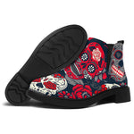White Red Sugar Skull Pattern Print Flat Ankle Boots