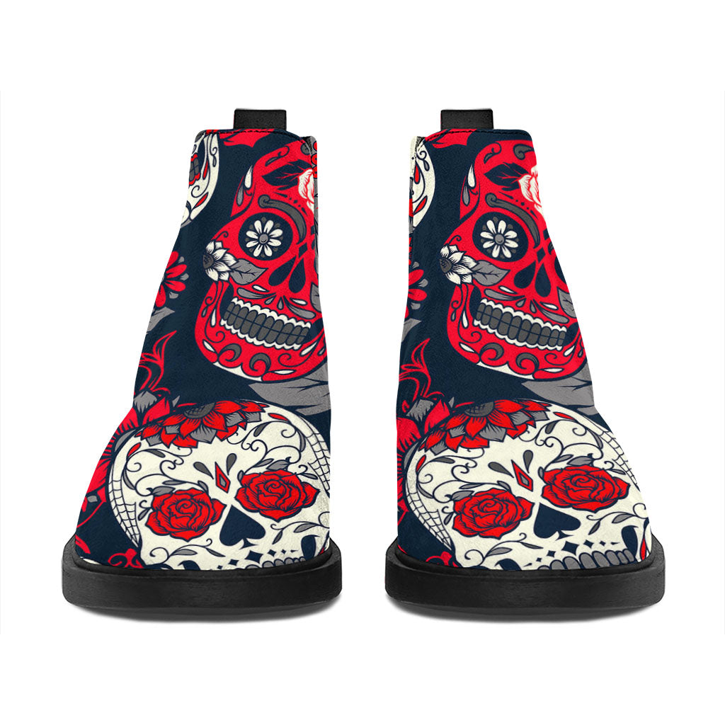 White Red Sugar Skull Pattern Print Flat Ankle Boots