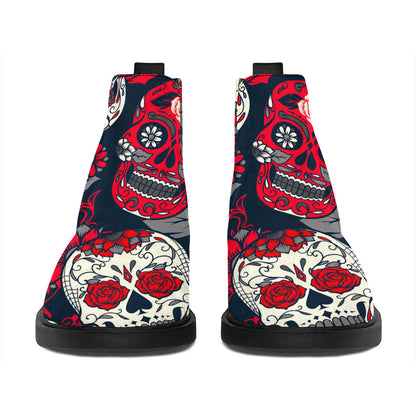 White Red Sugar Skull Pattern Print Flat Ankle Boots