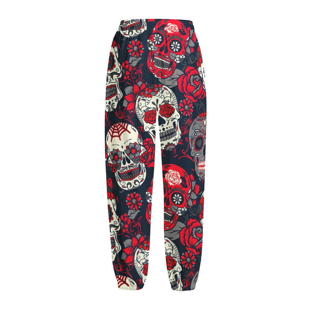 White Red Sugar Skull Pattern Print Fleece Lined Knit Pants