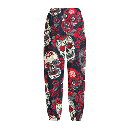 White Red Sugar Skull Pattern Print Fleece Lined Knit Pants