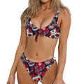 White Red Sugar Skull Pattern Print Front Bow Tie Bikini