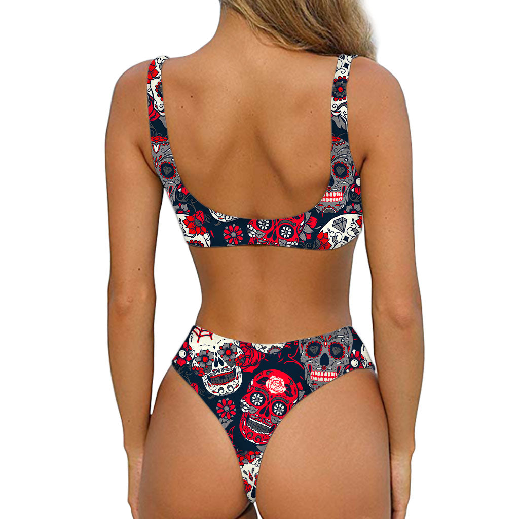 White Red Sugar Skull Pattern Print Front Bow Tie Bikini
