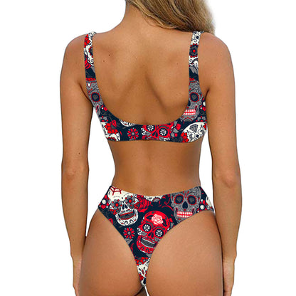 White Red Sugar Skull Pattern Print Front Bow Tie Bikini