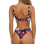 White Red Sugar Skull Pattern Print Front Bow Tie Bikini