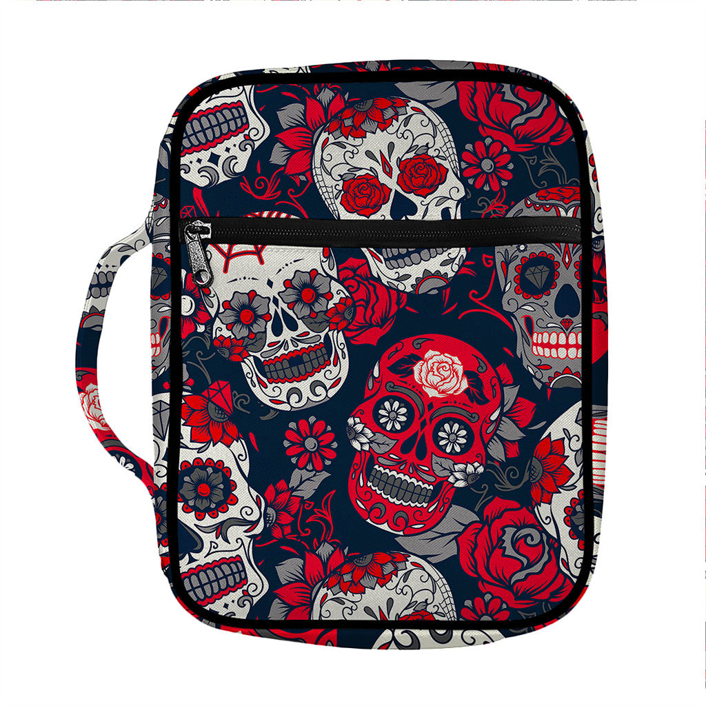 White Red Sugar Skull Pattern Print Front Pocket Bible Bag