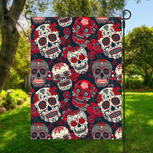 White Red Sugar Skull Pattern Print Garden Flag