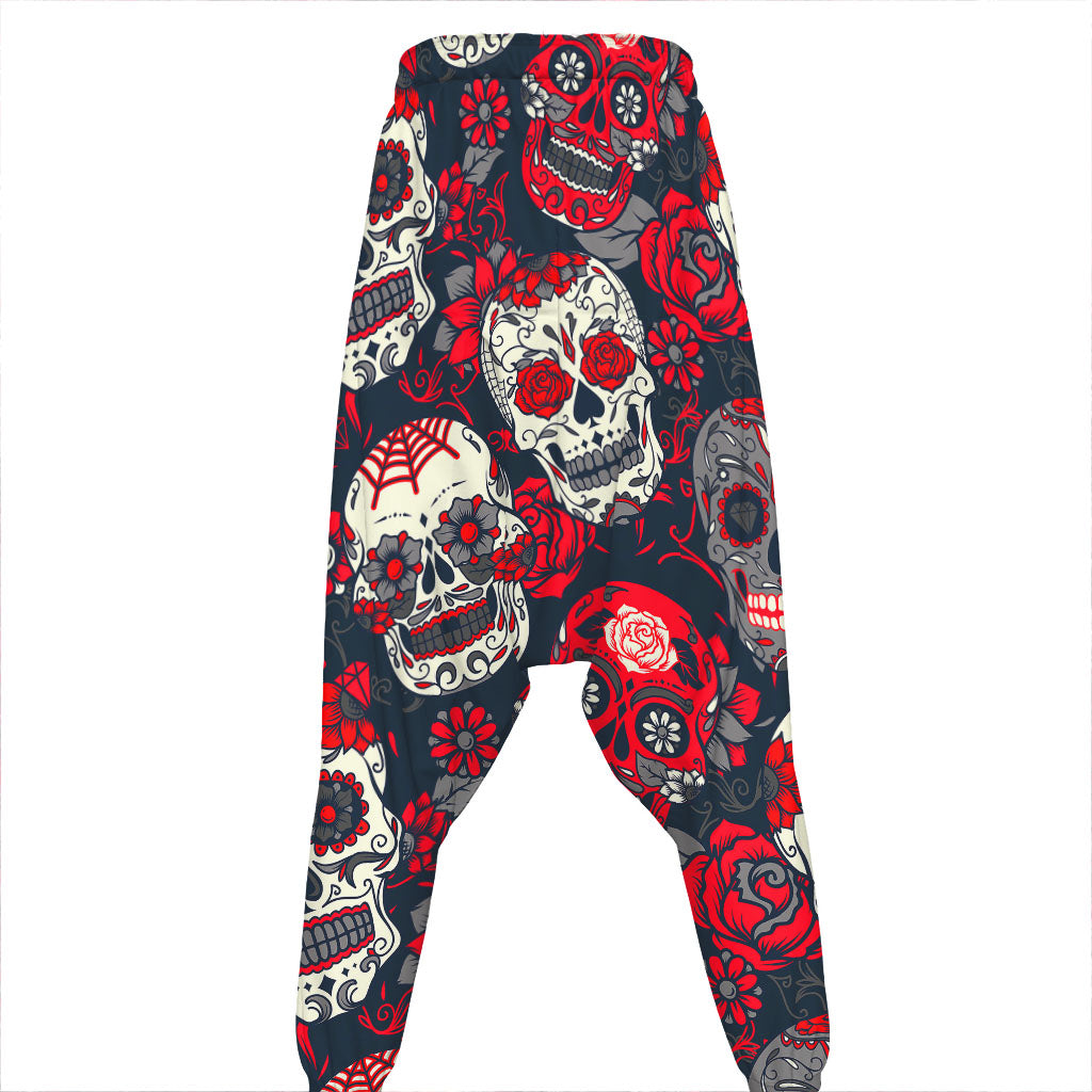 White Red Sugar Skull Pattern Print Hammer Pants
