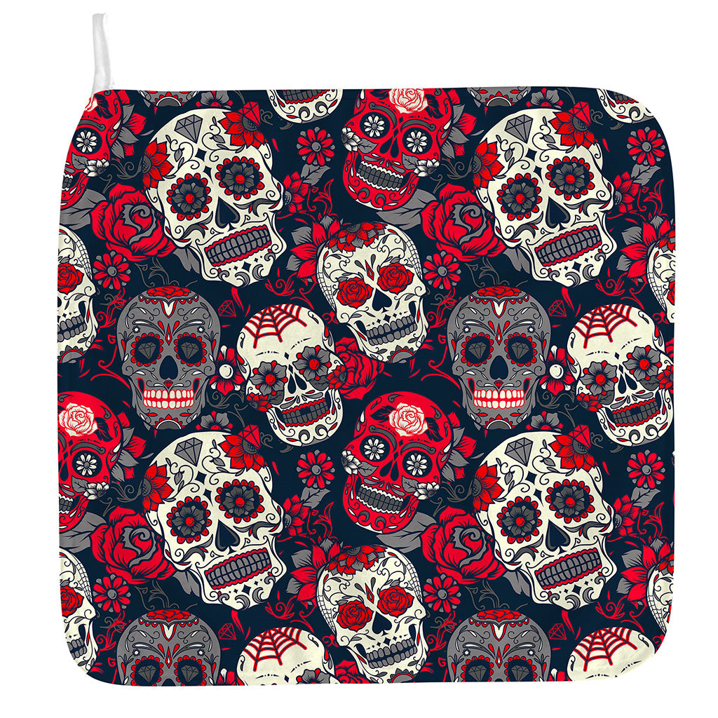 White Red Sugar Skull Pattern Print Hand Towel
