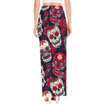 White Red Sugar Skull Pattern Print High Slit Maxi Skirt