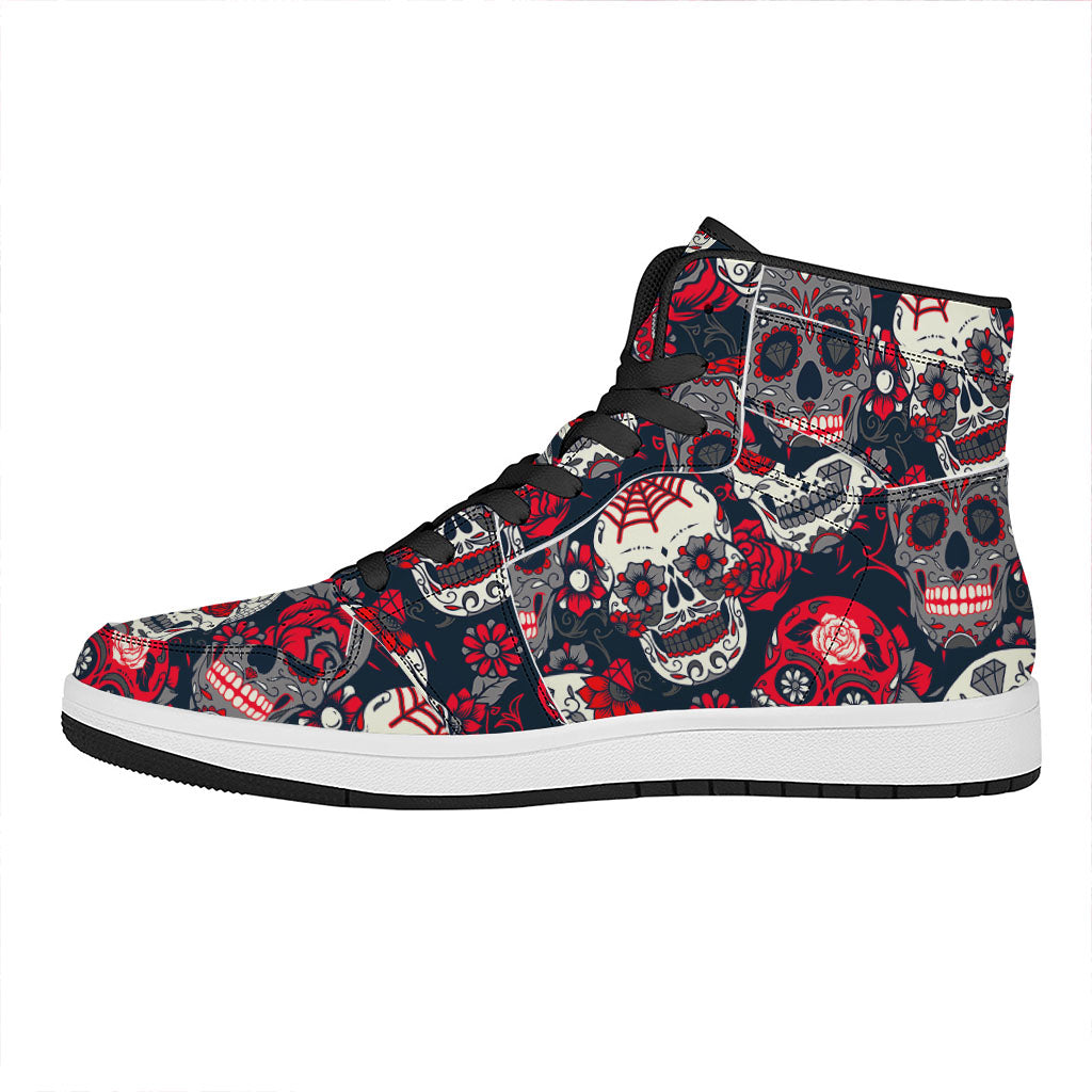 White Red Sugar Skull Pattern Print High Top Leather Sneakers