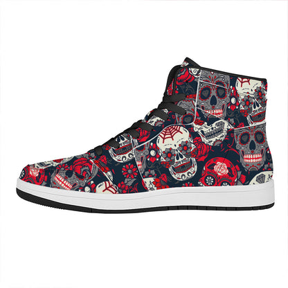 White Red Sugar Skull Pattern Print High Top Leather Sneakers