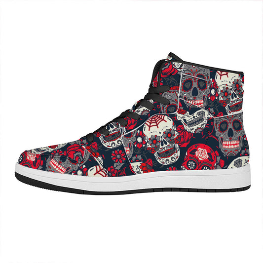 White Red Sugar Skull Pattern Print High Top Leather Sneakers