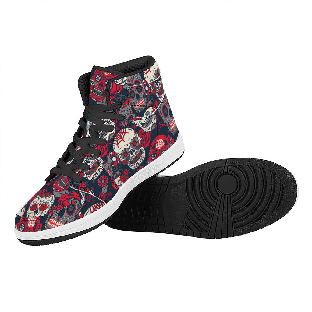 White Red Sugar Skull Pattern Print High Top Leather Sneakers
