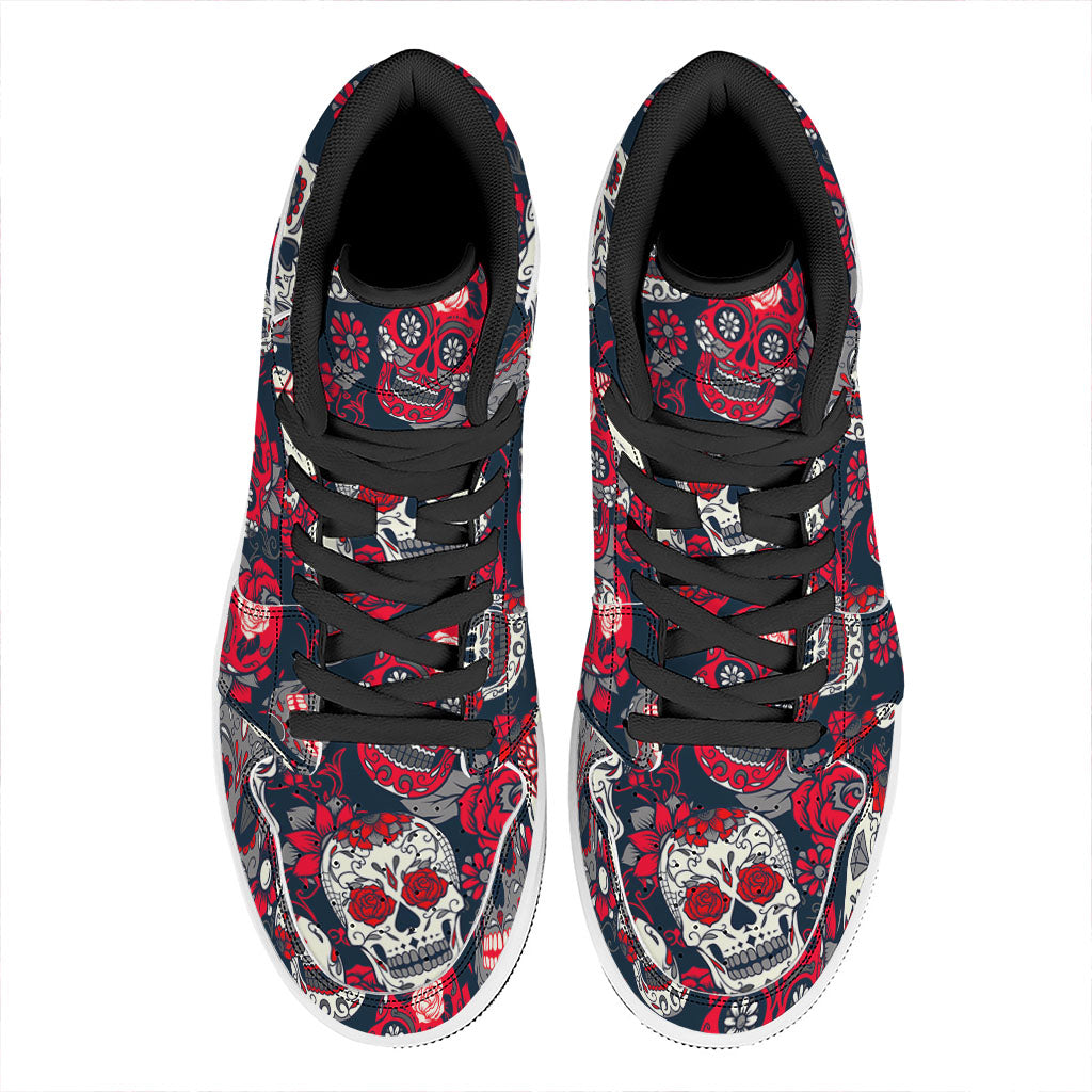White Red Sugar Skull Pattern Print High Top Leather Sneakers