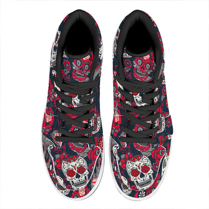 White Red Sugar Skull Pattern Print High Top Leather Sneakers