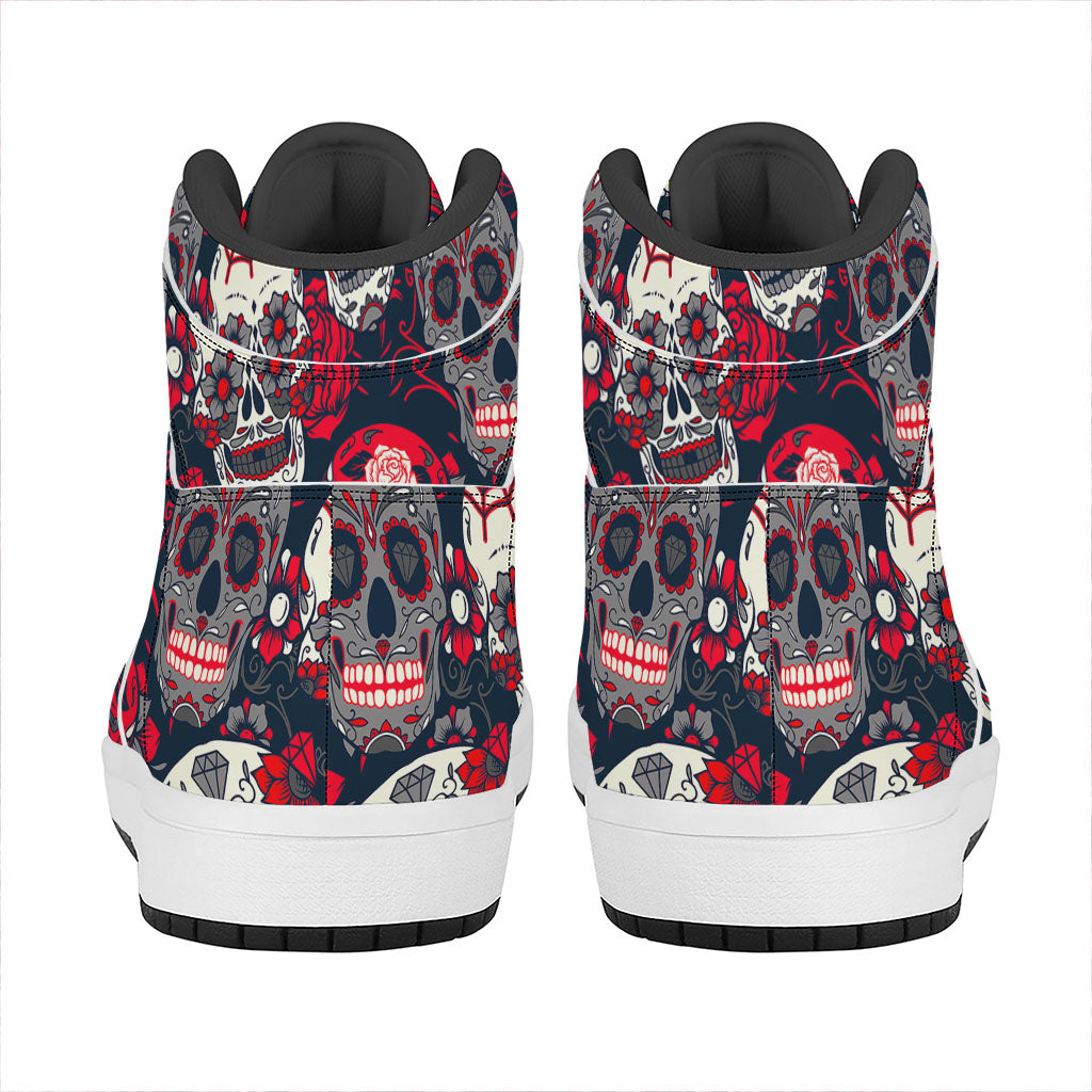 White Red Sugar Skull Pattern Print High Top Leather Sneakers