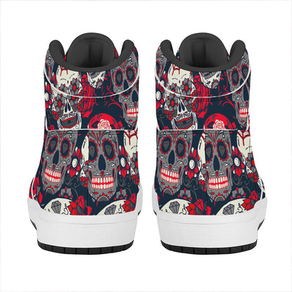 White Red Sugar Skull Pattern Print High Top Leather Sneakers