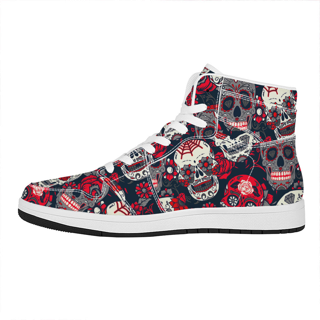 White Red Sugar Skull Pattern Print High Top Leather Sneakers