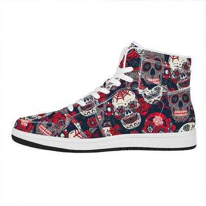 White Red Sugar Skull Pattern Print High Top Leather Sneakers