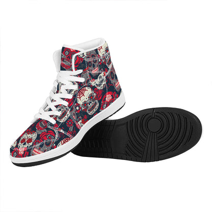 White Red Sugar Skull Pattern Print High Top Leather Sneakers