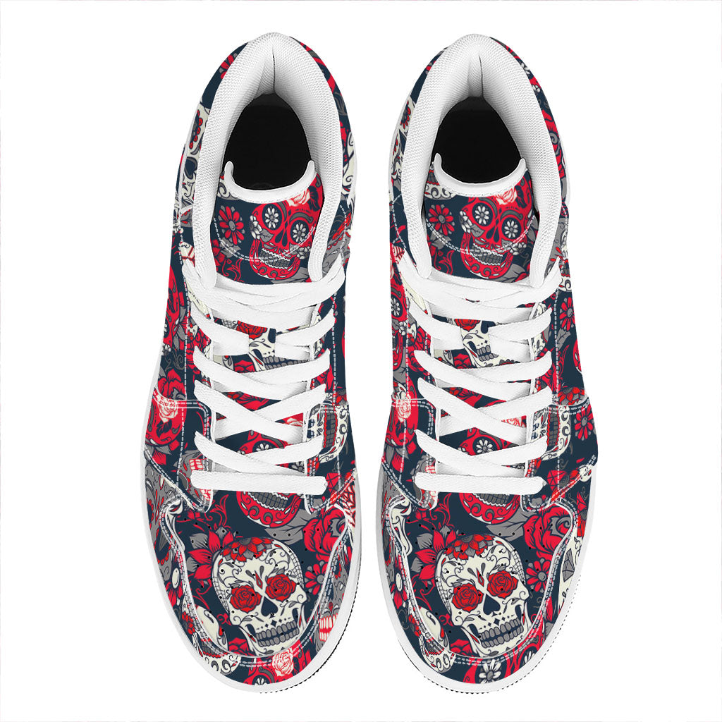 White Red Sugar Skull Pattern Print High Top Leather Sneakers