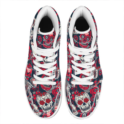 White Red Sugar Skull Pattern Print High Top Leather Sneakers