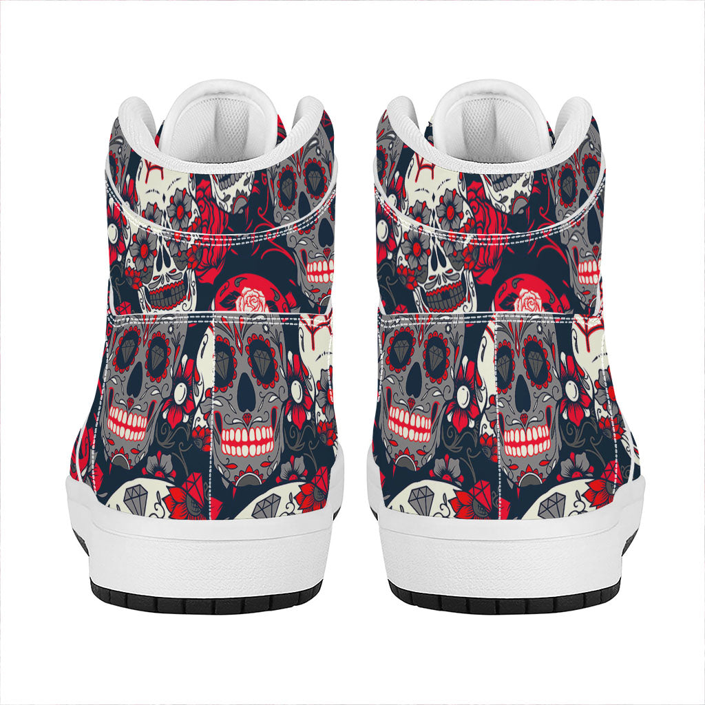 White Red Sugar Skull Pattern Print High Top Leather Sneakers