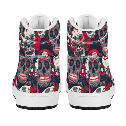 White Red Sugar Skull Pattern Print High Top Leather Sneakers