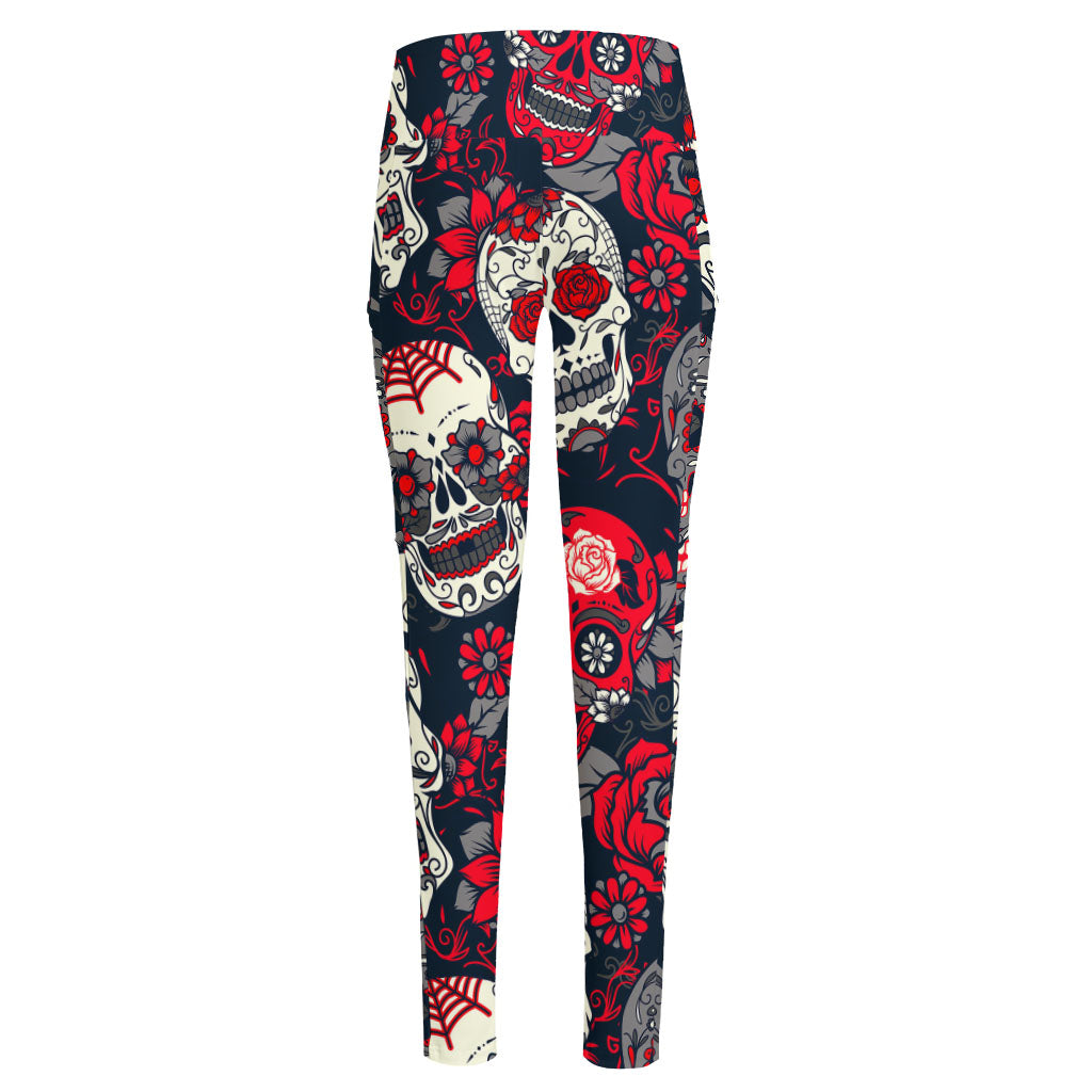 White Red Sugar Skull Pattern Print High-Waisted Pocket Leggings