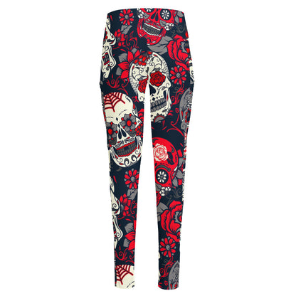White Red Sugar Skull Pattern Print High-Waisted Pocket Leggings