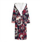 White Red Sugar Skull Pattern Print Hooded Bathrobe