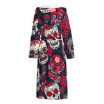 White Red Sugar Skull Pattern Print Hooded Bathrobe