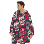 White Red Sugar Skull Pattern Print Hoodie Blanket