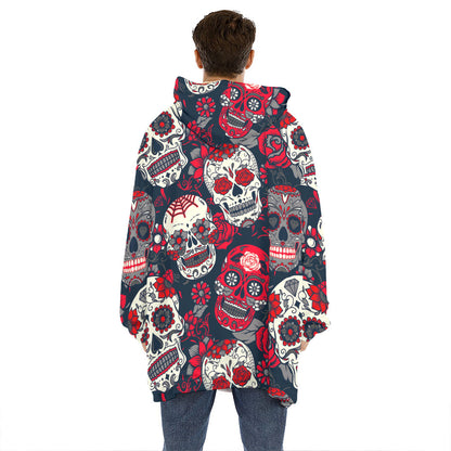 White Red Sugar Skull Pattern Print Hoodie Blanket