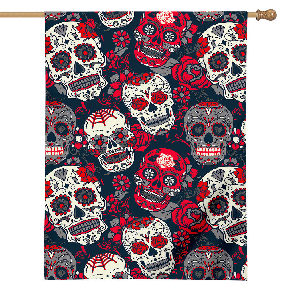 White Red Sugar Skull Pattern Print House Flag