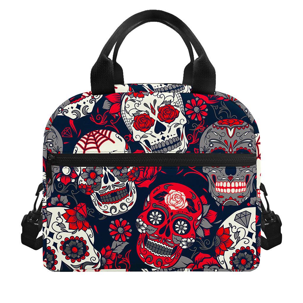White Red Sugar Skull Pattern Print Insulated Lunch Bag