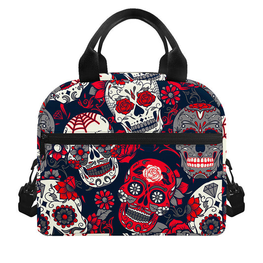 White Red Sugar Skull Pattern Print Insulated Lunch Bag
