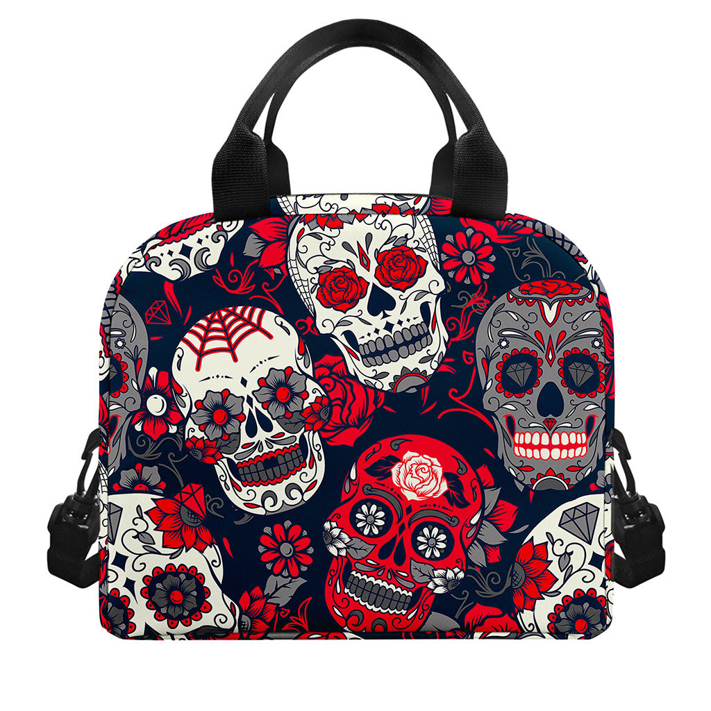 White Red Sugar Skull Pattern Print Insulated Lunch Bag