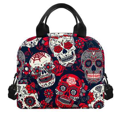 White Red Sugar Skull Pattern Print Insulated Lunch Bag