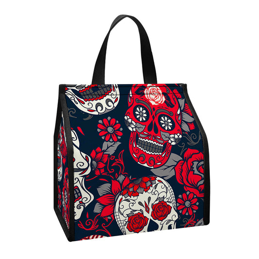White Red Sugar Skull Pattern Print Insulated Lunch Tote