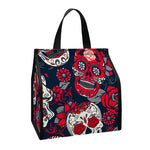 White Red Sugar Skull Pattern Print Insulated Lunch Tote