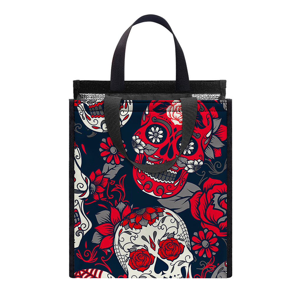 White Red Sugar Skull Pattern Print Insulated Lunch Tote